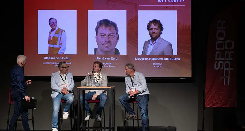 spoorpro-congres-2026-prosoil Panelgesprek tijdens SpoorPro Congres 2026 met Diederick Reijersen van Buuren van ProSoil, René van Eerd en Stephan van Eeten over de stabiliteit van de grond onder het spoor.